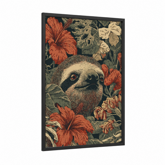 Floral Sloth framed art print — black wood frame — russet and sage green palette