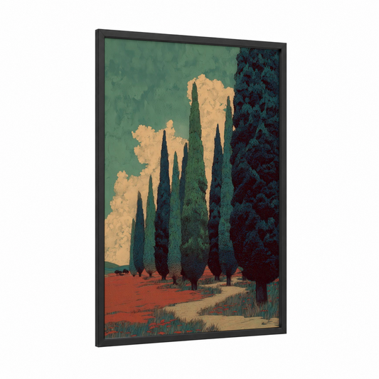 Tuscan Cypresses framed cypress tree print — black wood frame — sage green and champagne gold palette