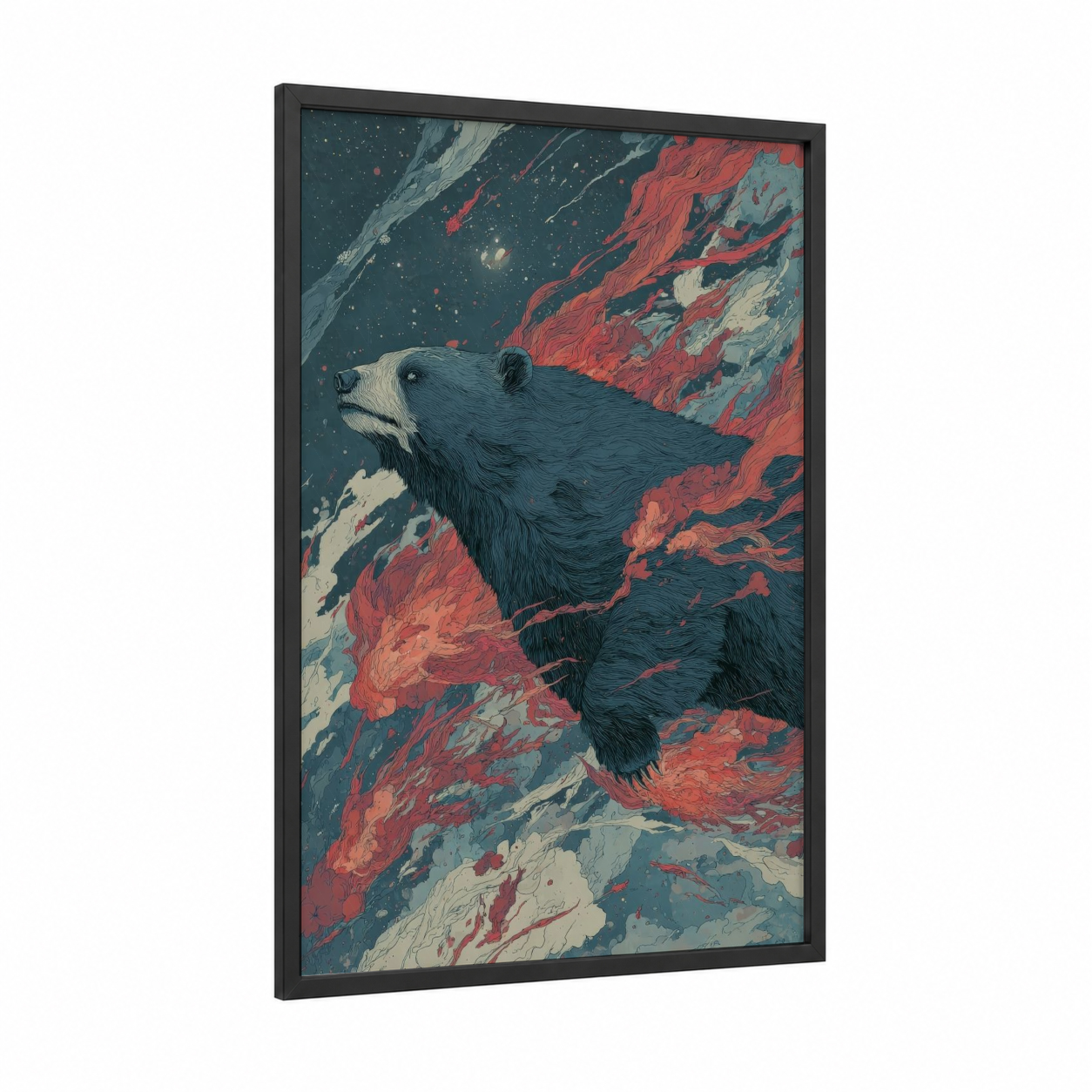 Cosmic Sloth Bear framed art print — black wood frame — dark blue and red palette