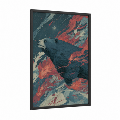 Cosmic Sloth Bear framed art print — black wood frame — dark blue and red palette