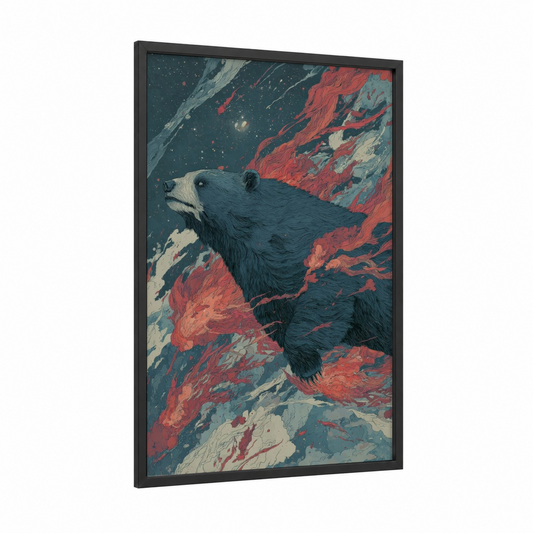 Cosmic Sloth Bear framed art print — black wood frame — dark blue and red palette