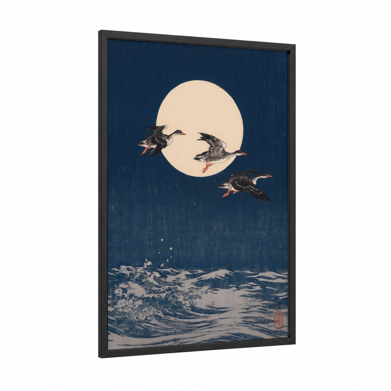 Moonlit Duck Flight framed ducks print — black wood frame — dark blue and cream palette