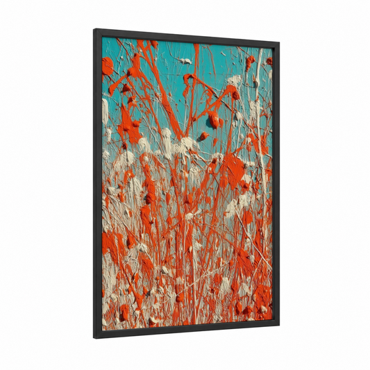 Coral Reef Abstraction framed clown fish print — black wood frame — orange and turquoise palette