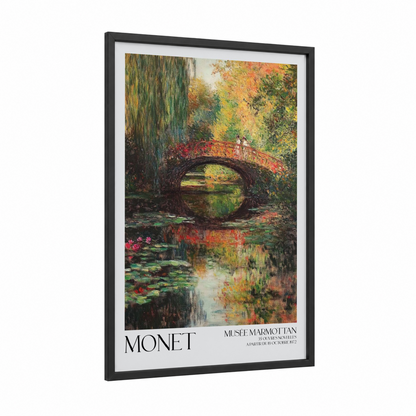 Autumn Garden Bridge framed willow forest print — black wood frame — gold and orange palette