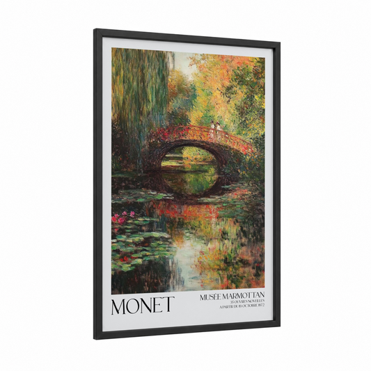 Autumn Garden Bridge framed willow forest print — black wood frame — gold and orange palette