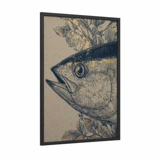 Golden Tuna Study framed art print — black wood frame — cream and black palette
