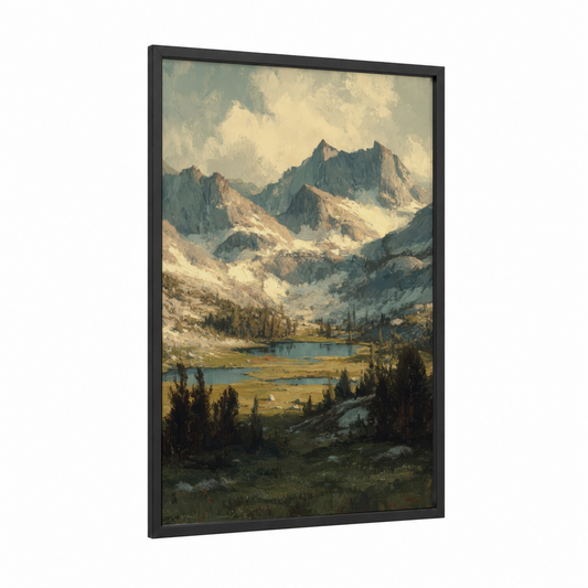 Alpine Sierra Valley framed sierra nevada print — black wood frame — blue and gold and olive palette