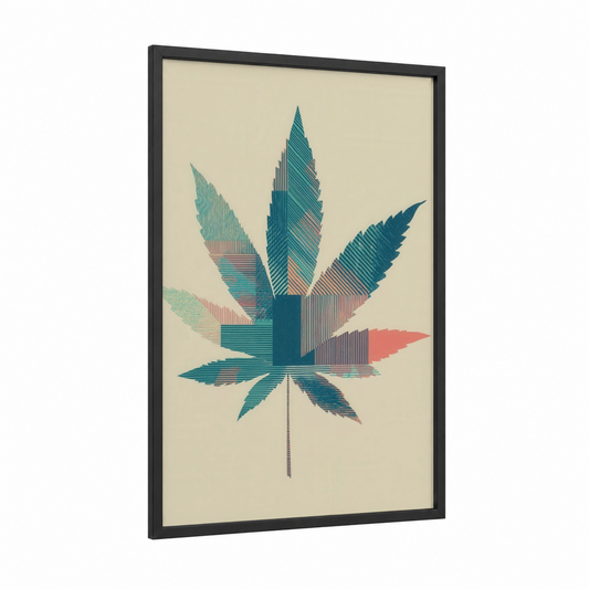 Geometric Leaf framed marijuana print — black wood frame — teal and peach palette