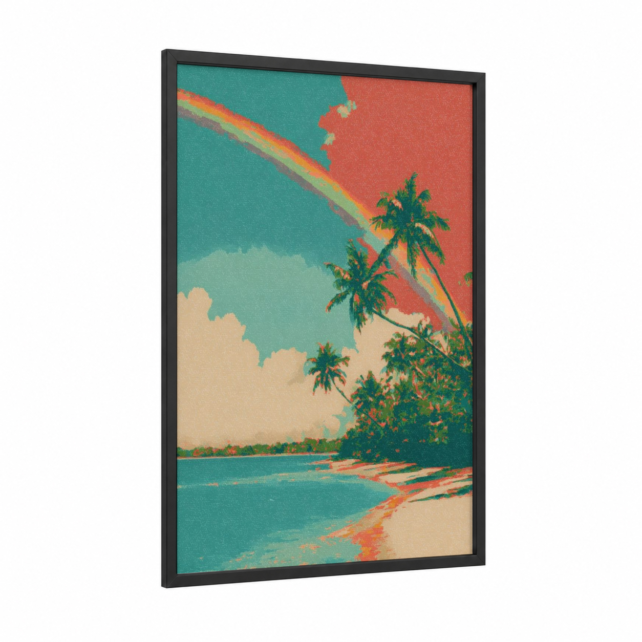 Tropical Rainbow Paradise framed art print — black wood frame — teal and orange palette
