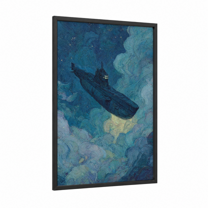 Submarine Depths framed art print — black wood frame — blue and teal palette