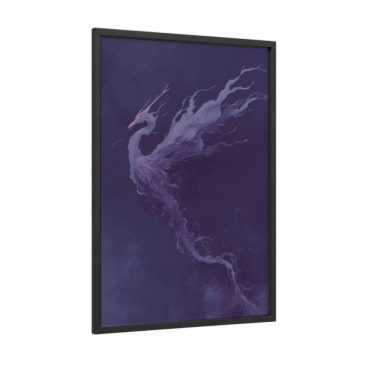 Ethereal Dragon framed art print — black wood frame — purple and lavender palette