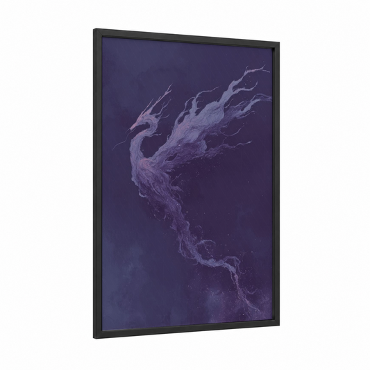 Ethereal Dragon framed art print — black wood frame — purple and lavender palette