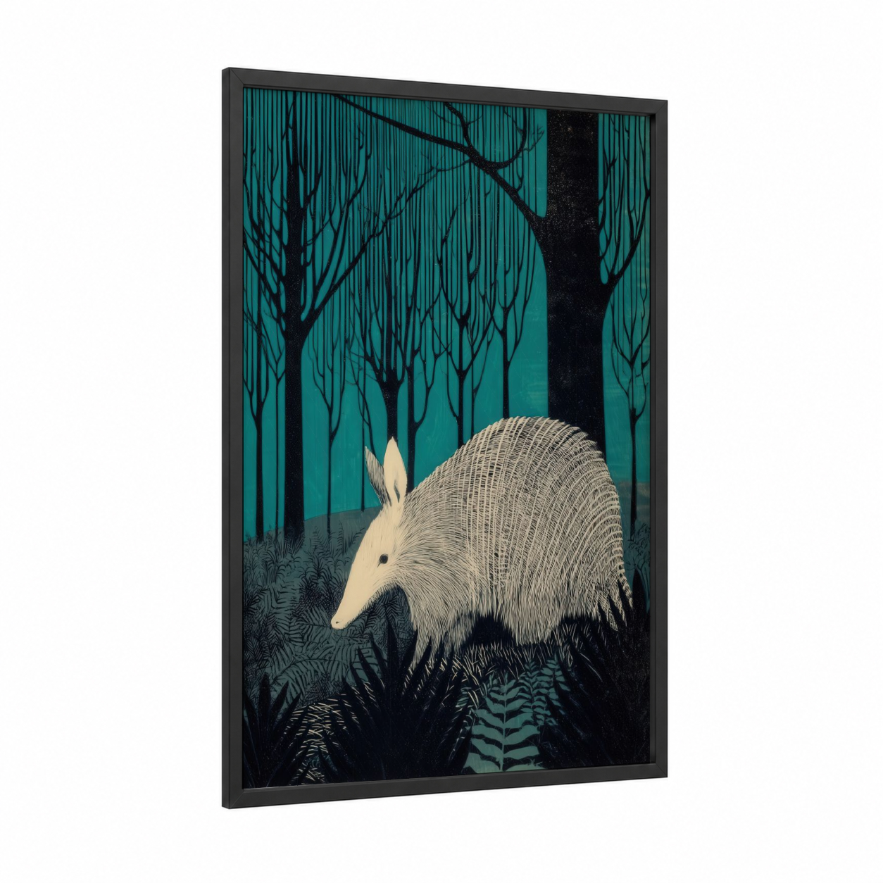 Twilight Aardvark framed art print — black wood frame — teal and black and white palette