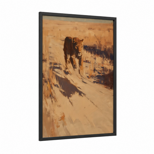 Golden Leopard framed art print — black wood frame — gold and russet palette