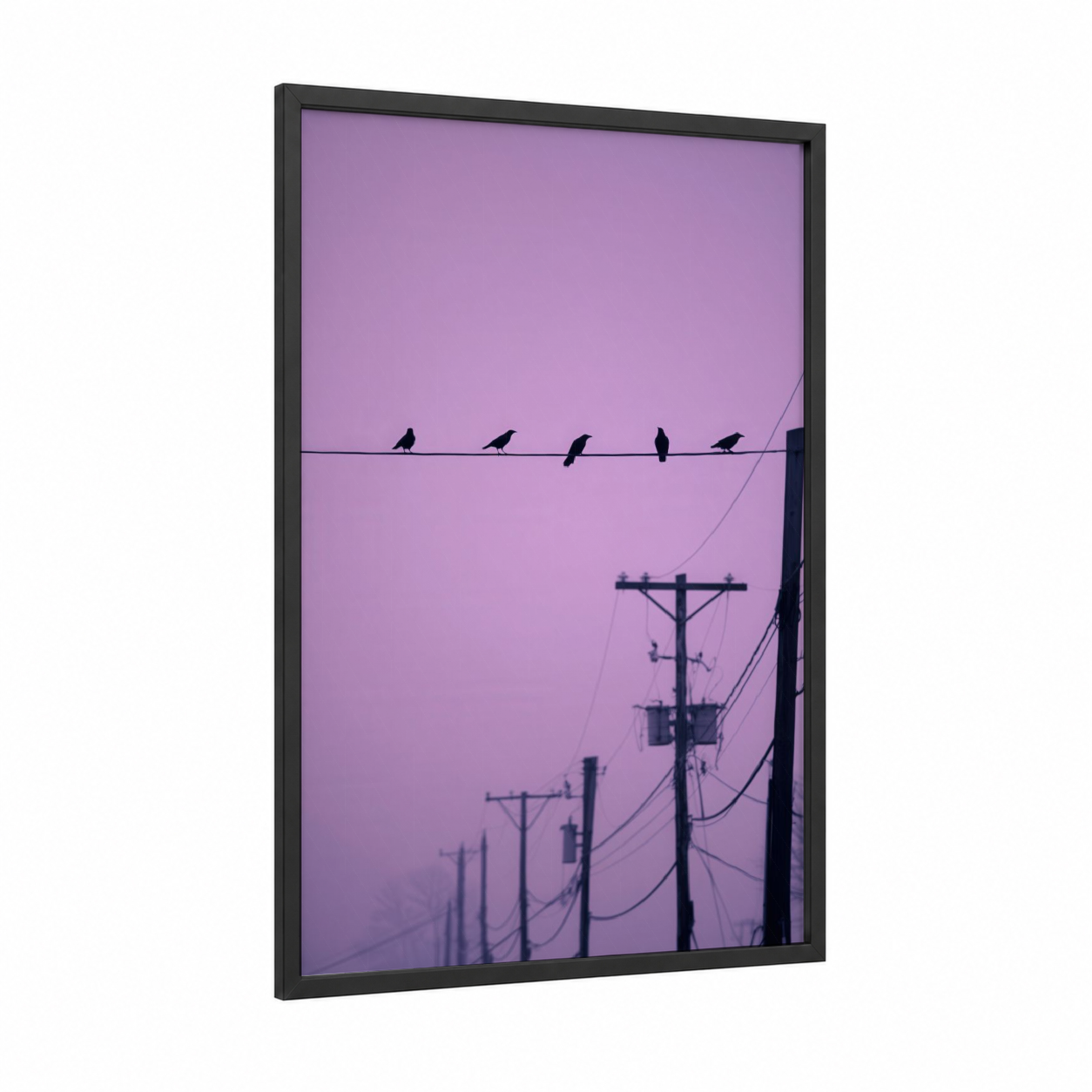 Twilight Crows framed crows and ravens print — black wood frame — purple and black palette