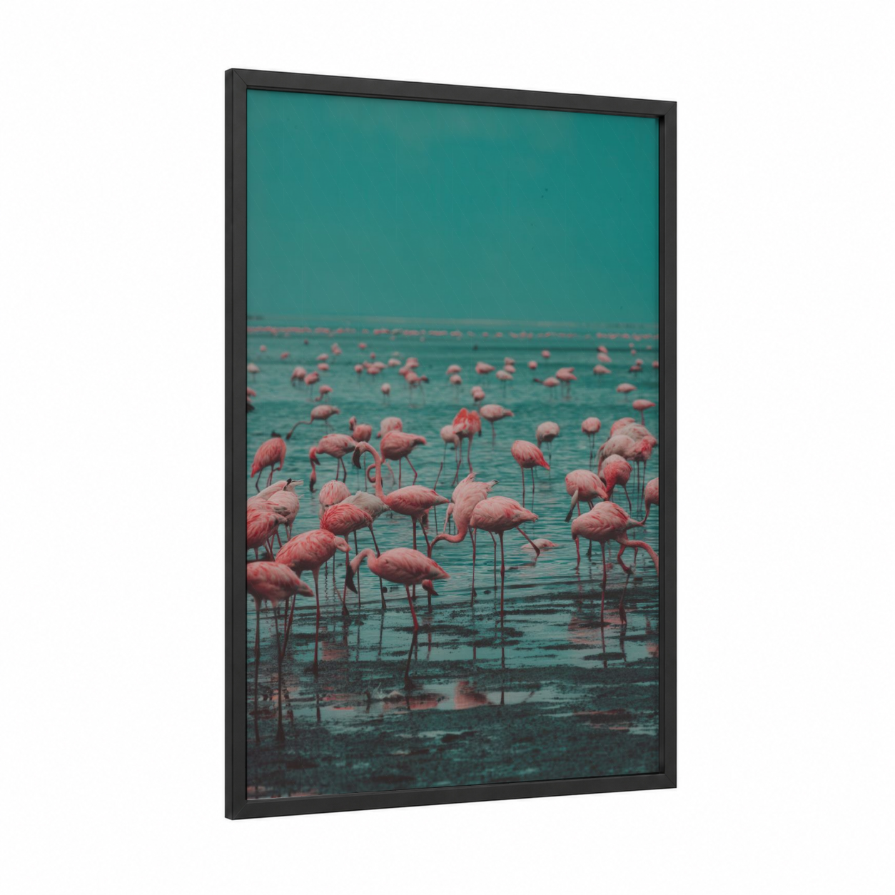 Turquoise Flamingo Colony framed art print — black wood frame — teal and salmon pink palette