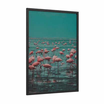 Turquoise Flamingo Colony framed art print — black wood frame — teal and salmon pink palette