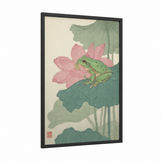 Lotus Frog framed frogs and toads print — black wood frame — light green and salmon pink palette