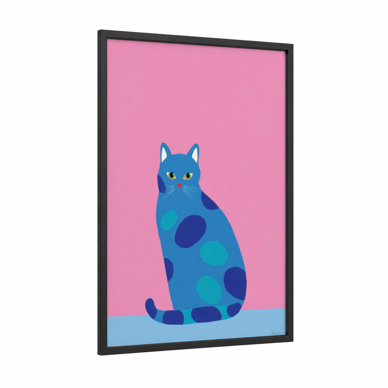Spotted Blue Cat framed art print — black wood frame — blue and pink palette
