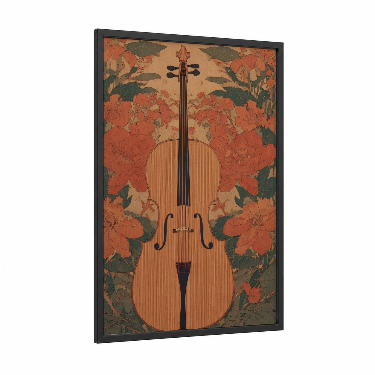 Crimson Cello framed art print — black wood frame — russet and dark green palette