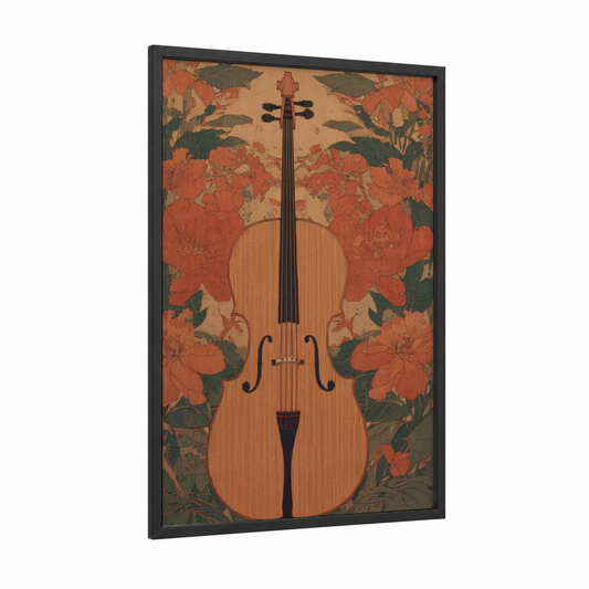 Crimson Cello framed art print — black wood frame — russet and dark green palette