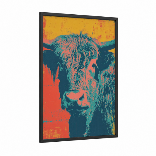 Vibrant Highland Yak framed art print — black wood frame — gold and teal palette