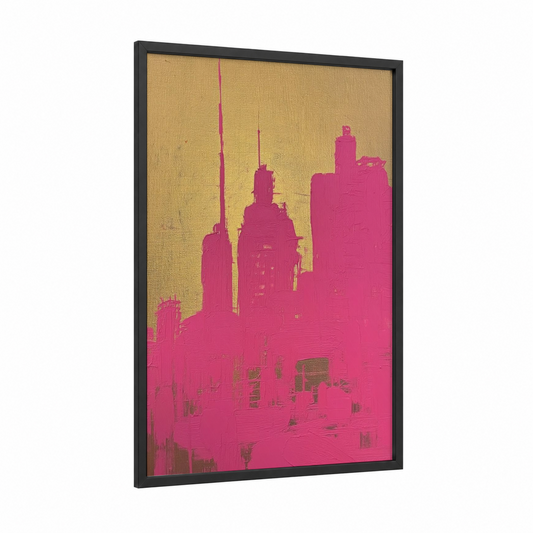 Magenta Skyline framed abstract architecture print — black wood frame — magenta and yellow gold palette