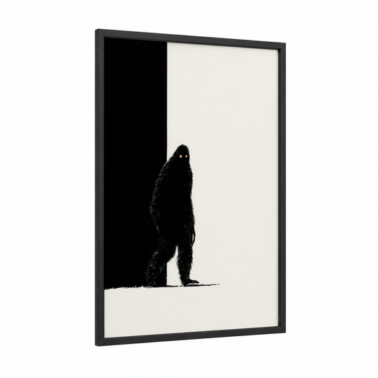 Solitary Yeti framed art print — black wood frame — black and white and black palette