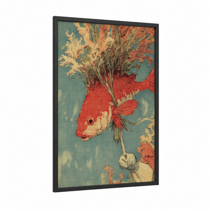 Crimson Coral Fish framed art print — black wood frame — red and teal palette