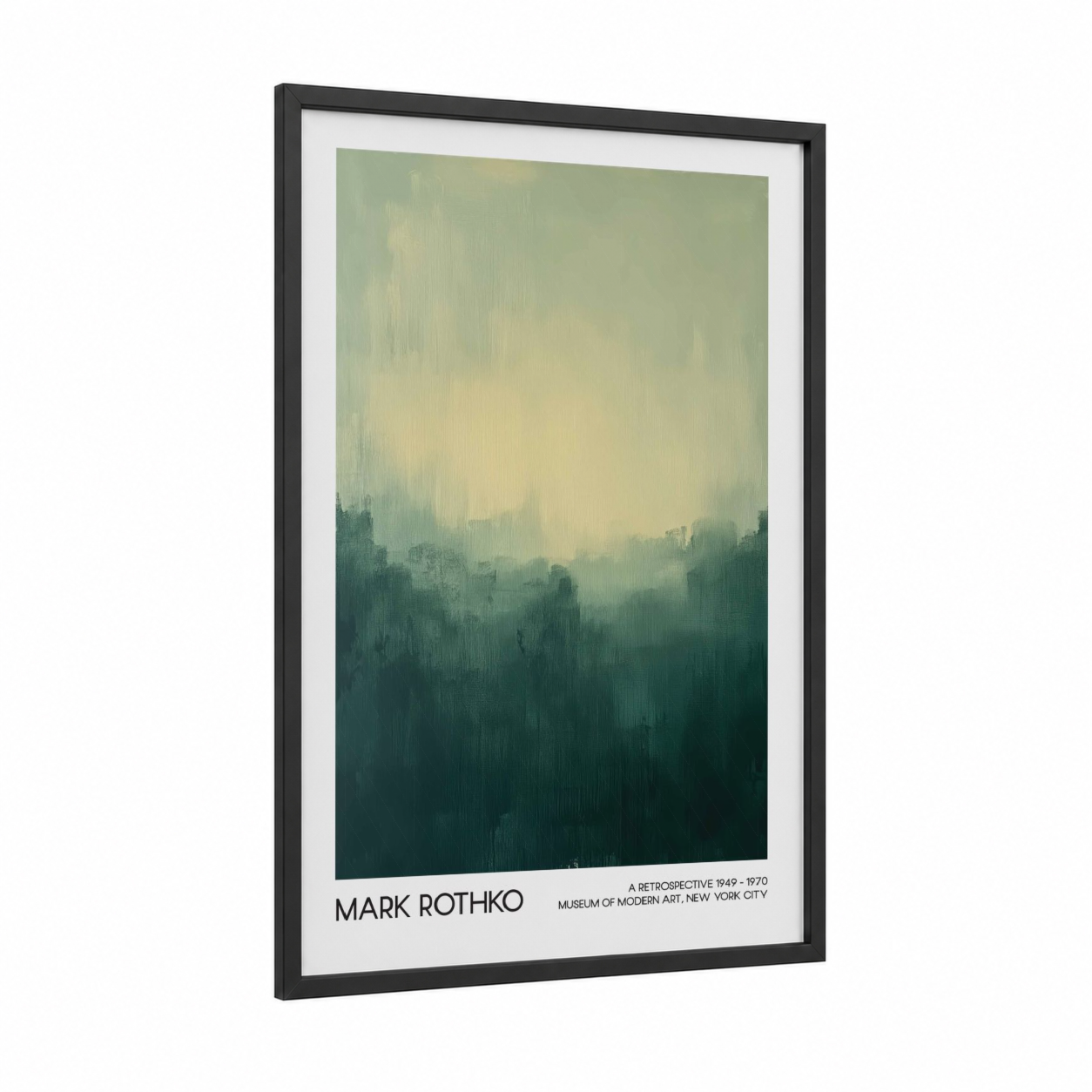 Misty Landscape Horizon framed abstract classic print — black wood frame — sage green and teal palette