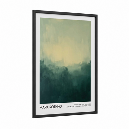 Misty Landscape Horizon framed abstract classic print — black wood frame — sage green and teal palette