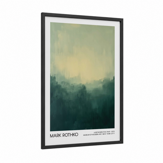 Misty Landscape Horizon framed abstract classic print — black wood frame — sage green and teal palette