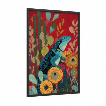 Turquoise Desert Lizard framed art print — black wood frame — red and turquoise palette