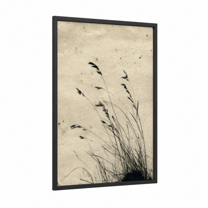 Windswept Grass framed art print — black wood frame — black and white and cream palette