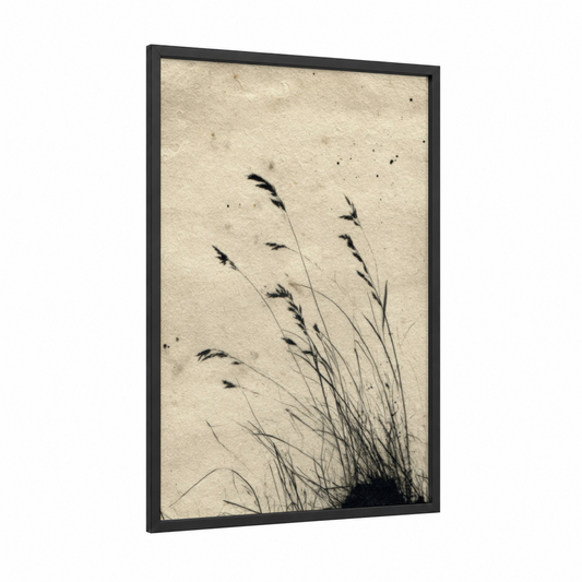 Windswept Grass framed art print — black wood frame — black and white and cream palette