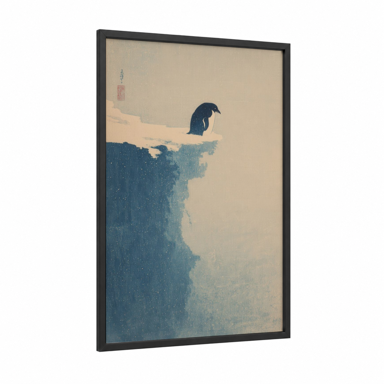 Snowy Cliff Penguin framed art print — black wood frame — dark blue and cream palette