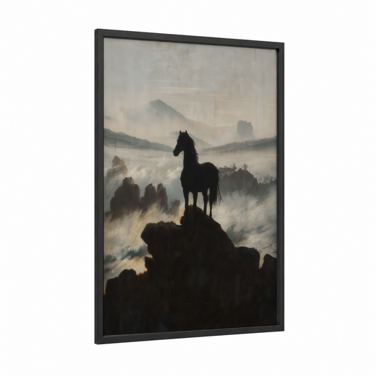 Misty Mountain Stallion framed andalusian horse print — black wood frame — gray and white and cream palette