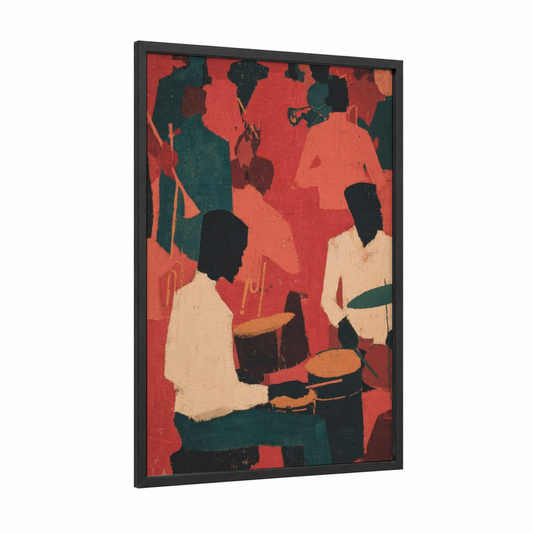 Jazz Session Red framed blues print — black wood frame — red and teal palette