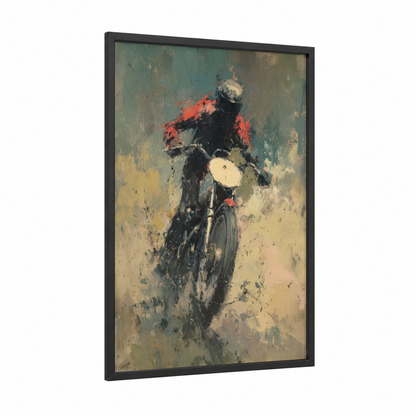 Fiery Rider framed vintage motorcycle print — black wood frame — teal and red palette