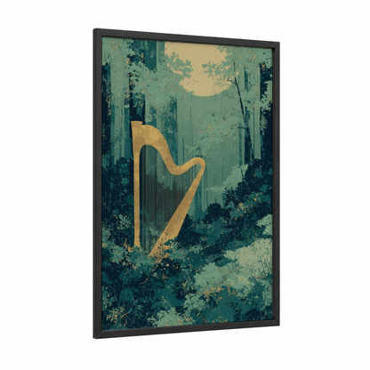 Forest Harp framed art print — black wood frame — teal and gold palette