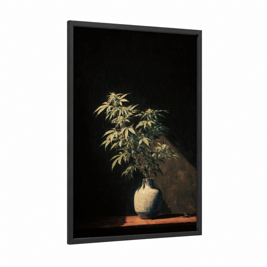 Golden Cannabis Vase framed marijuana print — black wood frame — gold and black palette