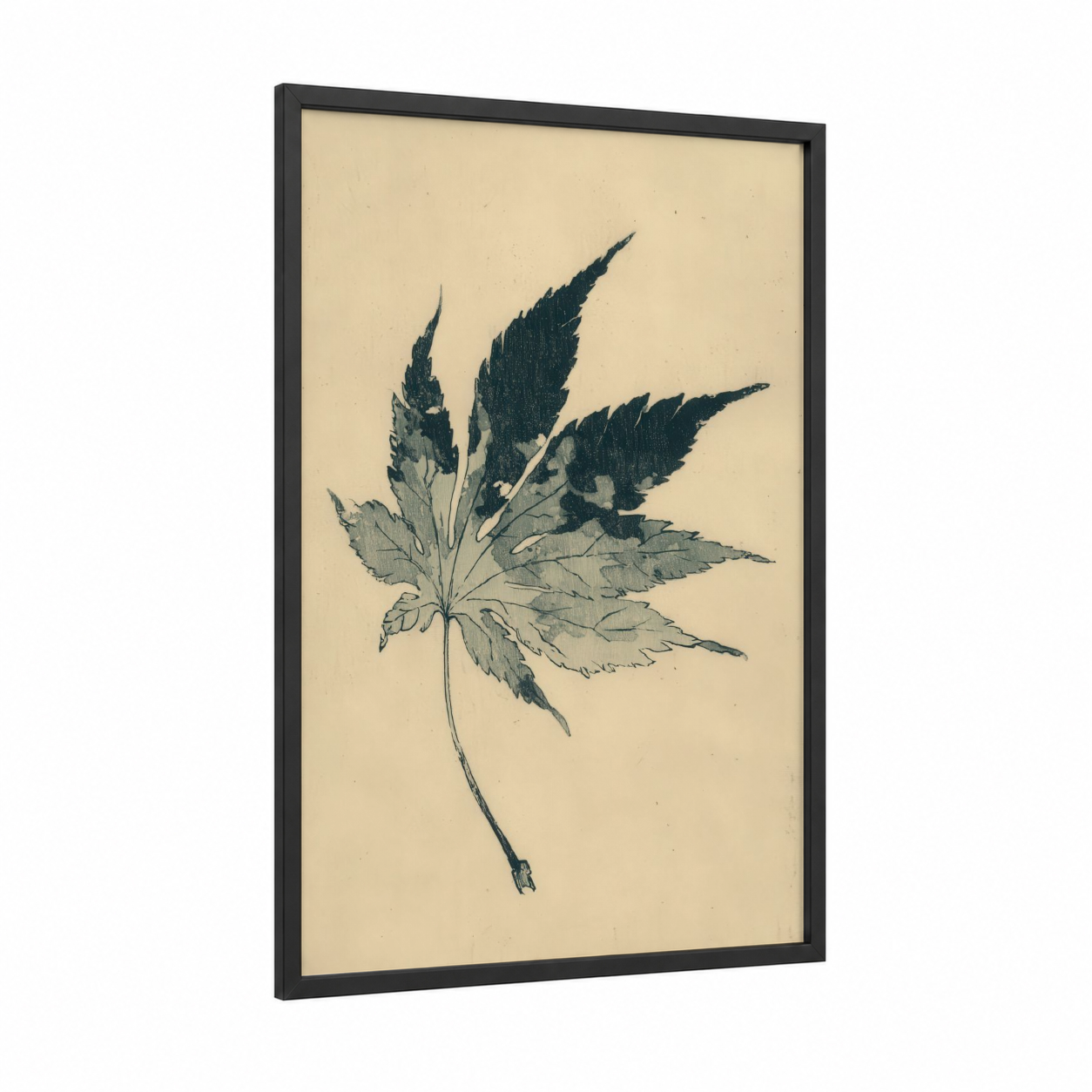 Botanical Cannabis Leaf framed art print — black wood frame — beige and black palette