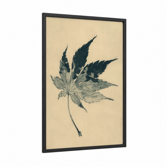 Botanical Cannabis Leaf framed art print — black wood frame — beige and black palette