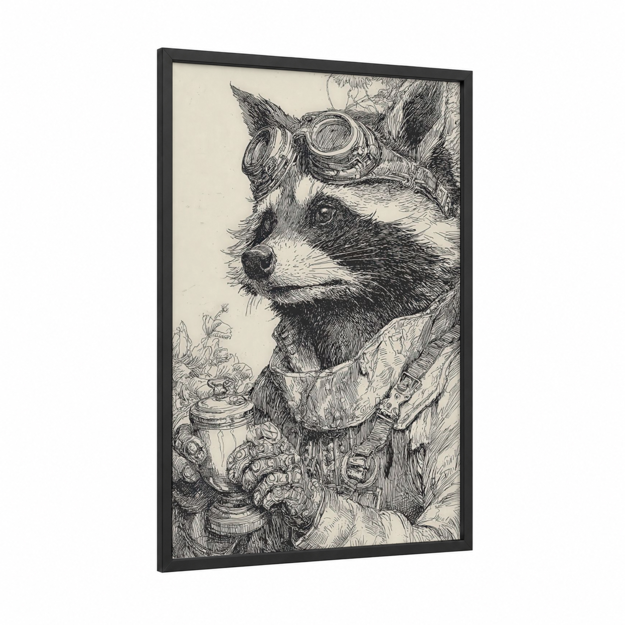 Steampunk Raccoon framed art print — black wood frame — black and white palette