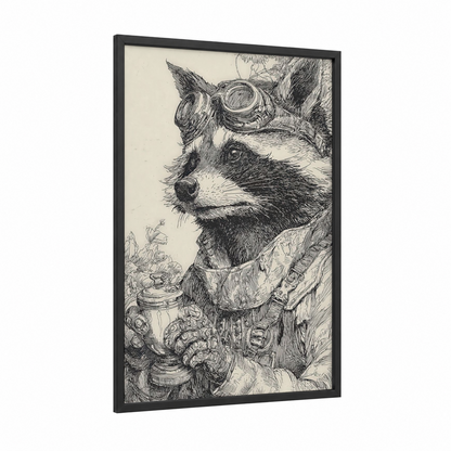 Steampunk Raccoon framed art print — black wood frame — black and white palette
