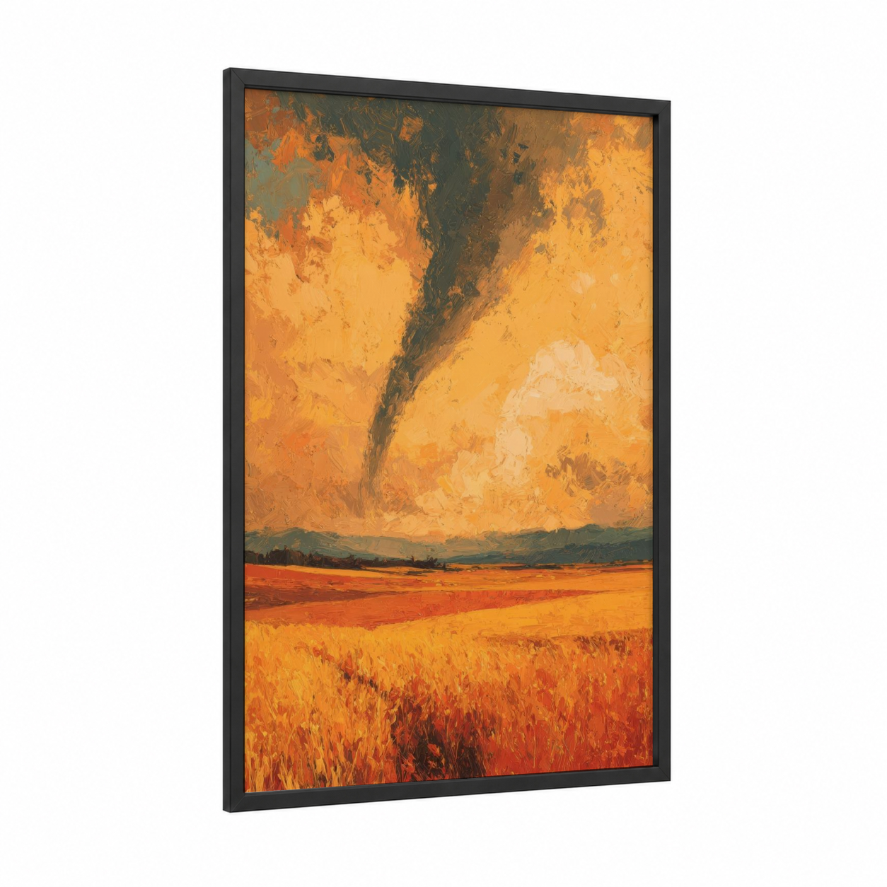 Crimson Tornado framed art print — black wood frame — orange and gold palette