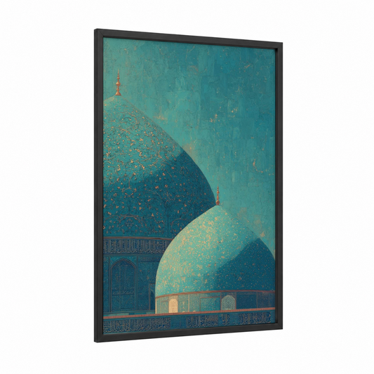 Turquoise Mosque Domes framed art print — black wood frame — teal and gold palette