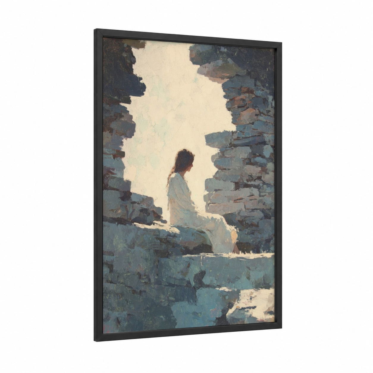 Contemplative Light framed mary magdalena print — black wood frame — cream and dove gray palette