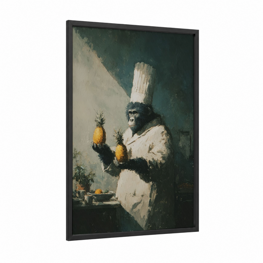 Chef Chimpanzee framed art print — black wood frame — sage green and cream palette