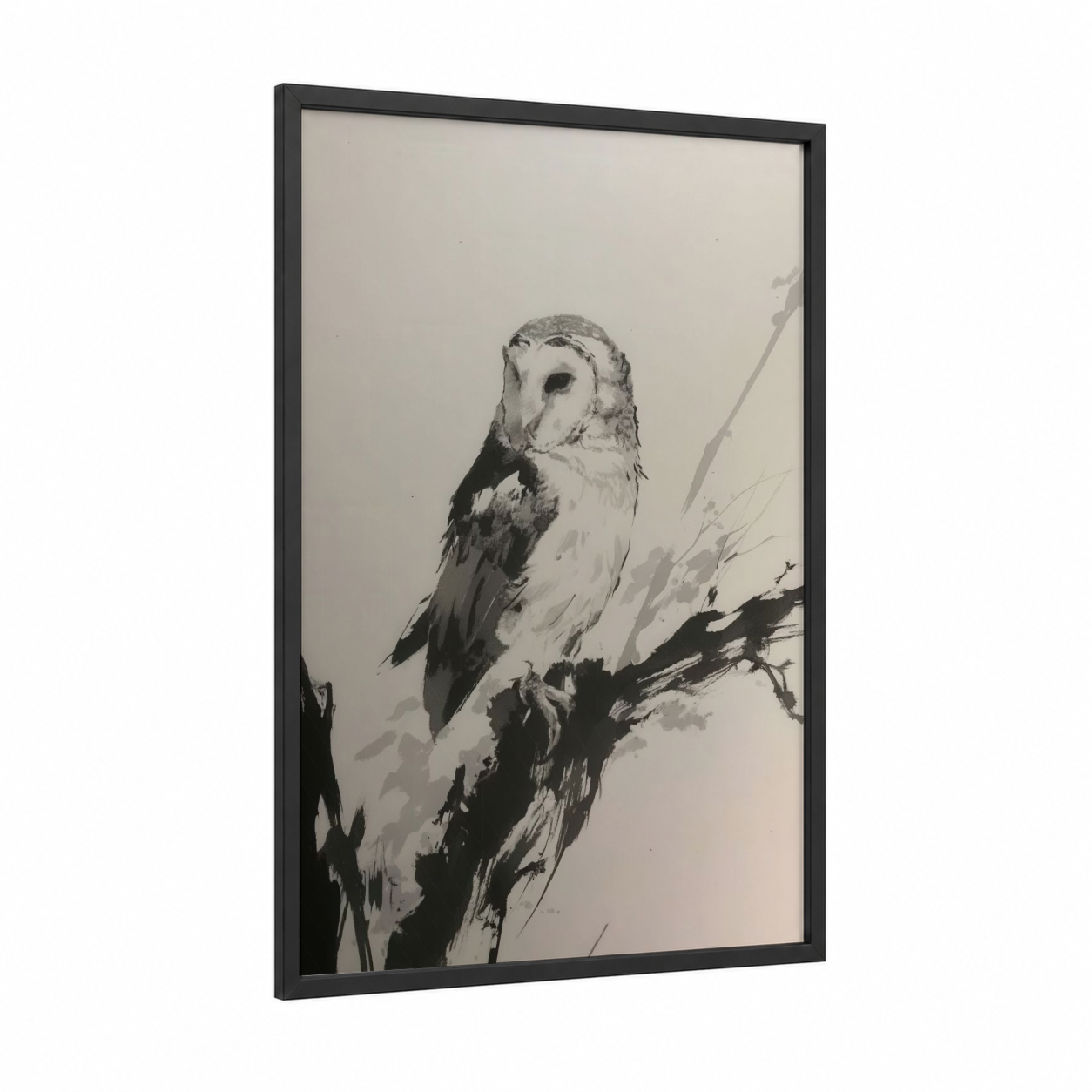 Barn Owl Perched framed art print — black wood frame — black and white palette